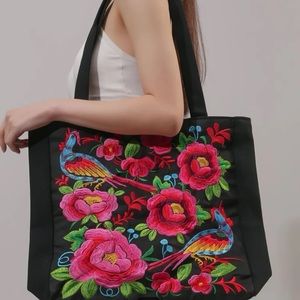 Mexican Flower Bird Hand Embroidered Tote Bag, Large Shoulder Bag,Handbag, Purse